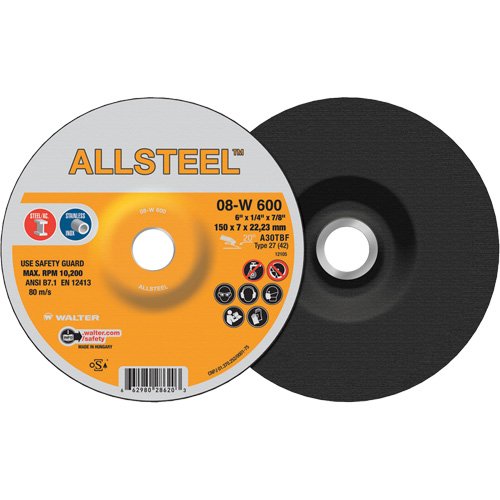 AllSteel Grinding Wheel, 6" x 1/4", 7/8" Arbor, Aluminum Oxide, Type 27 M & M Nord Ouest Inc