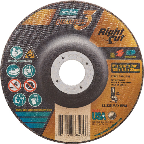 Quantum3 RightCut Cut-Off Wheel, 5" x 1/16", 7/8" Arbor, Type 27/42, Ceramic Alumina, 12225 RPM M & M Nord Ouest Inc