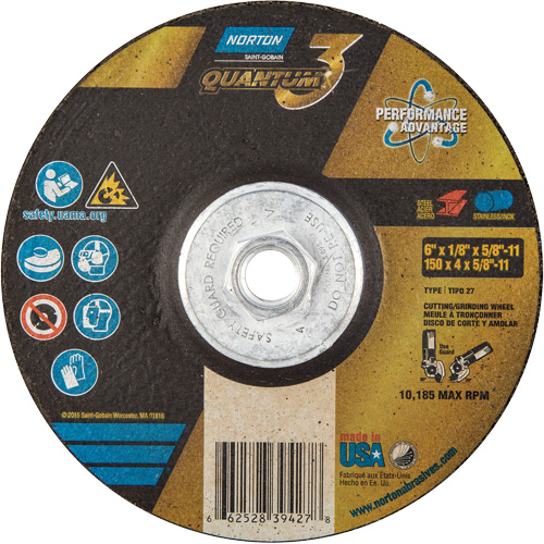 Disque de rectification et de tronçonnage Quantum3, 6" x 1/8", Arbre de 5/8"-11, Type 27, Grain de 24, C&eacute;ramique d'alumine M & M Nord Ouest Inc