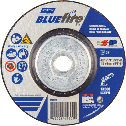 Meule XXL BlueFire, 4-1/2" x 1/4", Arbre 5/8", C&eacute;ramique d'alumine, Type 27 M & M Nord Ouest Inc