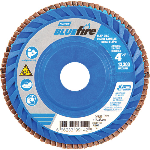 BlueFire&reg; Medium Grade Flap Disc, 4-1/2" x 7/8", Type 27, 60 Grit, Zirconia Alumina M & M Nord Ouest Inc