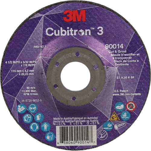 Cubitron 3 Cut & Grind Wheel, 4-1/2" x 5/32", 7/8" Arbor, Type T27, 36+ Grit, Ceramic M & M Nord Ouest Inc