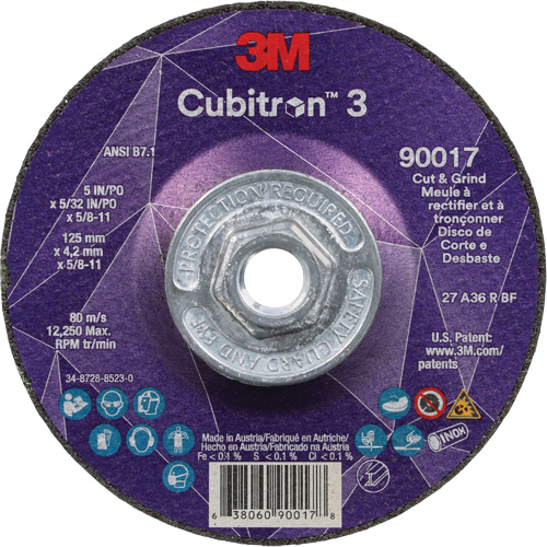 Cubitron 3 Cut & Grind Wheel, 5" x 5/32", 5/8"-11 Arbor, Type T27, 36+ Grit, Ceramic M & M Nord Ouest Inc