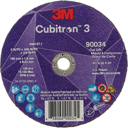 Cubitron 3 Cut-Off Wheel, 4" x 0.045", 3/8" Arbor, Type T1, Ceramic, 21000 RPM M & M Nord Ouest Inc