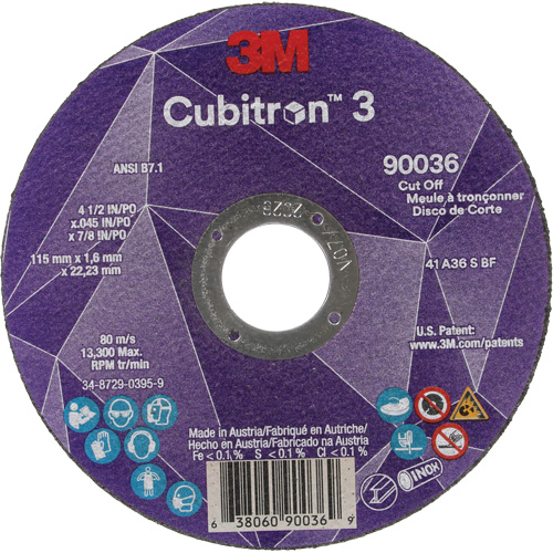 Cubitron 3 Cut-Off Wheel, 4-1/2" x 0.045", 7/8" Arbor, Type T1, Ceramic, 13300 RPM M & M Nord Ouest Inc
