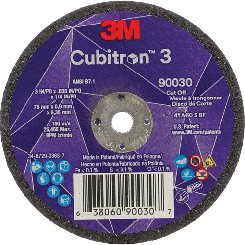 Meule &agrave; tronçonner Cubitron 3, 3" x 0,035", Arbre de 1/4", Type T1, C&eacute;ramique, 21000 Tr/min M & M Nord Ouest Inc