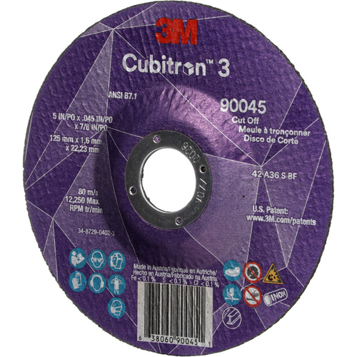Cubitron 3 Cut-Off Wheel, 5" x 0.045", 7/8" Arbor, Type T27, Ceramic, 12250 RPM M & M Nord Ouest Inc