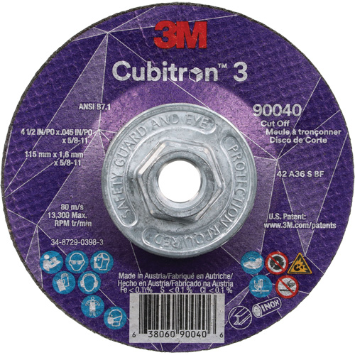 Meule &agrave; tronçonner Cubitron 3, 4-1/2" x 0,045", Arbre de 5/8"-11, Type T27, C&eacute;ramique, 13 300 Tr/min M & M Nord Ouest Inc
