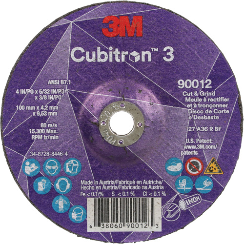 Meule &agrave; rectifier et &agrave; tronçonner Cubitron 3, 4" x 5/32", Arbre de 3/8", Type 27, Grain de 36, C&eacute;ramique M & M Nord Ouest Inc