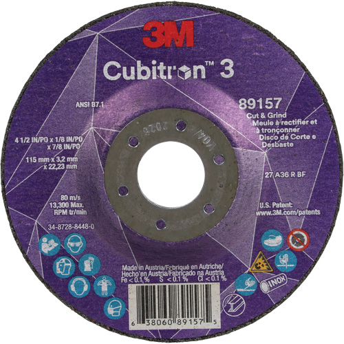 Meule &agrave; rectifier et &agrave; tronçonner Cubitron 3, 4-1/2" x 1/8", Arbre de 7/8", Type 27, Grain de 36, C&eacute;ramique M & M Nord Ouest Inc