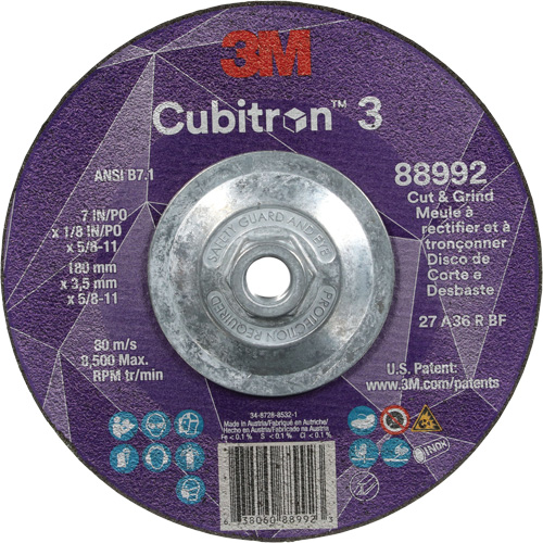 Meule &agrave; rectifier et &agrave; tronçonner Cubitron 3, 7" x 1/8", Arbre de 5/8"-11, Type 27, Grain de 36, C&eacute;ramique M & M Nord Ouest Inc