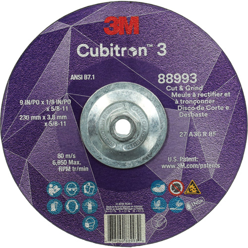 Meule &agrave; rectifier et &agrave; tronçonner Cubitron 3, 9" x 1/8", Arbre de 5/8"-11, Type 27, Grain de 36, C&eacute;ramique M & M Nord Ouest Inc