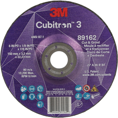 Cubitron 3 Cut and Grind Wheel, 6" x 1/8", 7/8" Arbor, Type 27, 36 Grit, Ceramic M & M Nord Ouest Inc