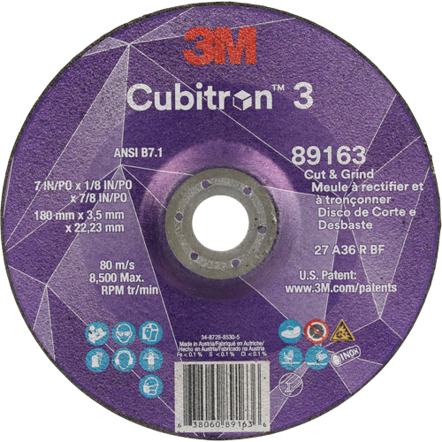 Cubitron 3 Cut and Grind Wheel, 7" x 1/8", 7/8" Arbor, Type 27, 36 Grit, Ceramic M & M Nord Ouest Inc