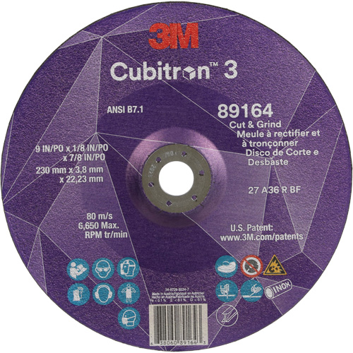 Meule &agrave; rectifier et &agrave; tronçonner Cubitron 3, 9" x 1/8", Arbre de 7/8", Type 27, Grain de 36, C&eacute;ramique M & M Nord Ouest Inc