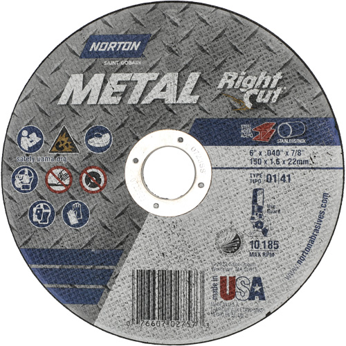Metal RightCut Right Angle Cut-Off Wheel, 6" x 0.04", 7/8" Arbor, Type 01/41, Aluminum Oxide, 10185 RPM M & M Nord Ouest Inc