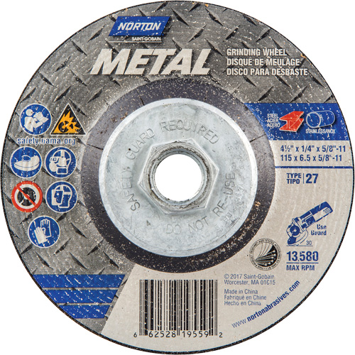 Metal Grinding Wheel, 4-1/2" x 1/4", 5/8"-11 Arbor, Aluminum Oxide, Type 27 M & M Nord Ouest Inc