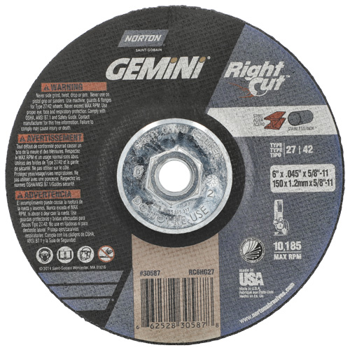 Gemini RightCut Right Angle Cut-Off Wheel, 6" x 0.045", 5/8"-11 Arbor, Type 27/42, Aluminum Oxide, 10185 RPM M & M Nord Ouest Inc