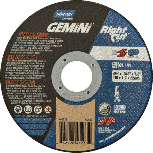 Gemini RightCut Right Angle Cut-Off Wheel, 4-1/2" x 0.045", 7/8" Arbor, Type 01/41, Aluminum Oxide, 13580 RPM M & M Nord Ouest Inc