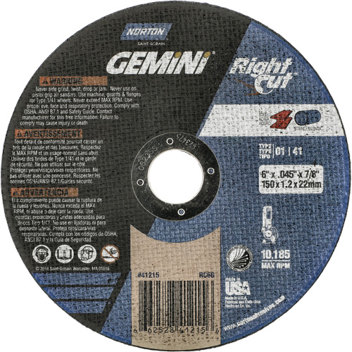 Gemini RightCut Right Angle Cut-Off Wheel, 6" x 0.045", 7/8" Arbor, Type 01/41, Aluminum Oxide, 10185 RPM M & M Nord Ouest Inc