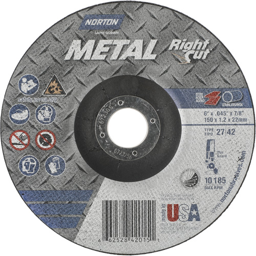 Metal RightCut Right Angle Cut-Off Wheel, 6" x 0.045", 7/8" Arbor, Type 27/42, Aluminum Oxide, 10190 RPM M & M Nord Ouest Inc