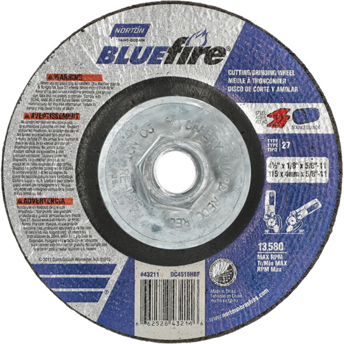 Disque de meulage et tronçonnage BlueFire, 4-1/2" x 1/8", Arbre de 5/8"-11, Type 27, Alumine de zirconium M & M Nord Ouest Inc