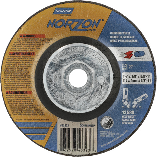 Disque de meulage et tronçonnage NorZon Plus SGZ CA, 4-1/2" x 1/8", Arbre de 5/8"-11, Type 27, C&eacute;ramique d'alumine M & M Nord Ouest Inc