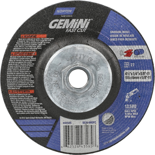 Meule Gemini, 4-1/2" x 1/4", Arbre 5/8"-11, Oxyde d'aluminium, Type 27 M & M Nord Ouest Inc