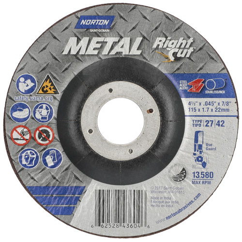Metal RightCut Right Angle Cut-Off Wheel, 4-1/2" x 0.045", 7/8" Arbor, Type 27, Aluminum Oxide, 13580 RPM M & M Nord Ouest Inc