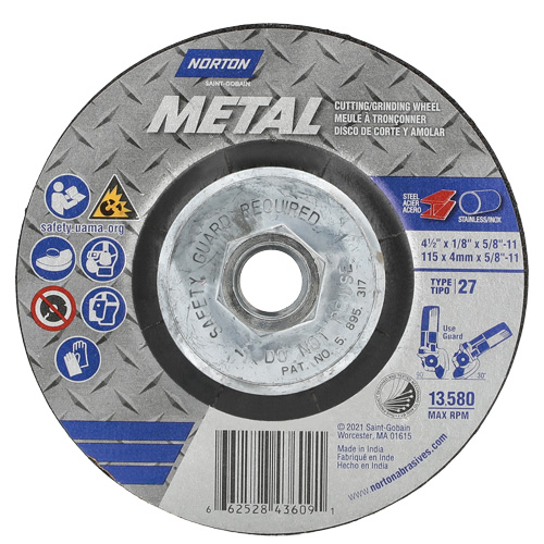 Disque de meulage et tronçonnage m&eacute;tallique, 4-1/2" x 1/8", Arbre de 5/8"-11, Type 27, Oxyde d'aluminium M & M Nord Ouest Inc