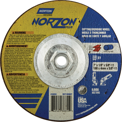 NorZon Plus SGZ  Grinding & Cutting Wheel, 7" x 1/8", 5/8"-11 Arbor, Type 27, Ceramic Alumina M & M Nord Ouest Inc