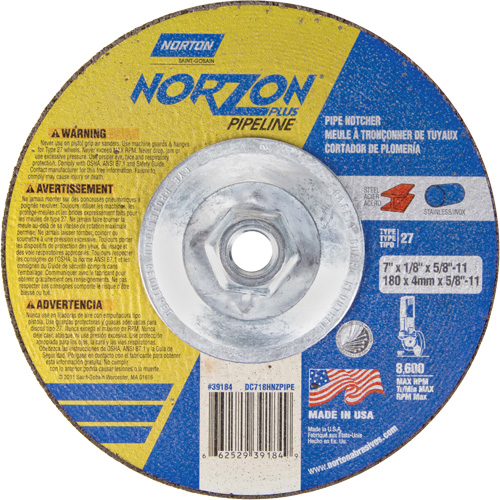 NorZon Plus SGZ Right Angle Cut-Off Wheel, 7" x 1/8", 5/8"-11 Arbor, Type 27/42, Ceramic Alumina, 8600 RPM M & M Nord Ouest Inc