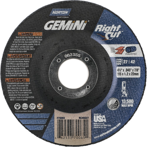 Gemini RightCut Right Angle Cut-Off Wheel, 4-1/2" x 0.045", 7/8" Arbor, Type 27/42, Aluminum Oxide, 13580 RPM M & M Nord Ouest Inc