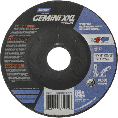 Gemini XXL Grinding & Cutting Wheel, 4-1/2" x 1/8", 7/8" Arbor, Type 27, Aluminum Oxide M & M Nord Ouest Inc