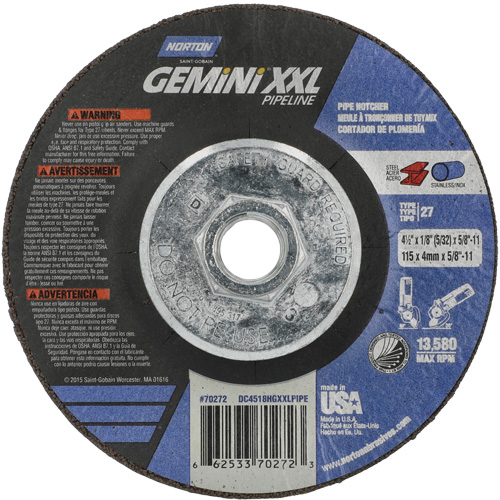 Disque combin&eacute; de meulage et tronçonnage Gemini XXL, 4-1/2" x 1/8", Arbre de 5/8"-11, Type 27, Oxyde d'aluminium M & M Nord Ouest Inc