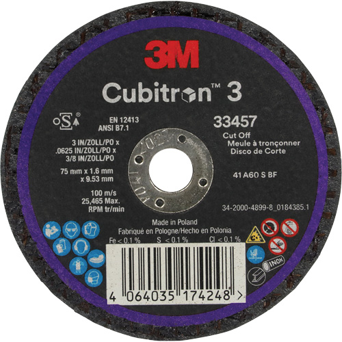 Meule &agrave; tronçonner Cubitron 3, 3" x 0,063", Arbre de 3/8", C&eacute;ramique M & M Nord Ouest Inc