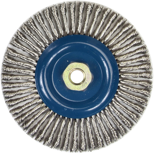 Brosse &agrave; fils nou&eacute;s pour cordons de soudure pour meuleuse angulaire, Dia. 6", Fils 0,02", Arbre 5/8"-11, Acier inoxydable M & M Nord Ouest Inc