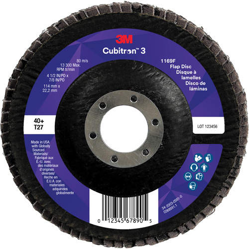 Cubitron 3 Flat Flap Disc 1169F, 4-1/2" x 7/8", Type T27, 40+ Grit, Ceramic M & M Nord Ouest Inc