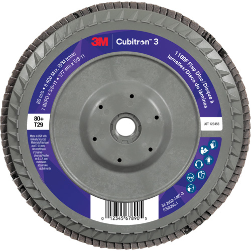 Cubitron 3 Conical  Flap Disc with Quick Change 1169F, 7" x 5/8"-11, Type T29, 80+ Grit, Ceramic M & M Nord Ouest Inc