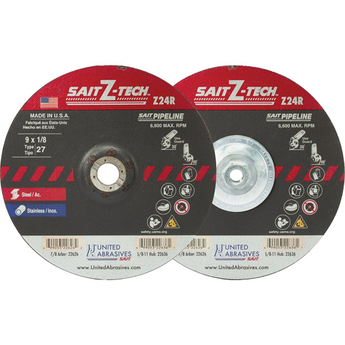 Meule haute performance pour pipelines Sait Z-Tech, 7" x 1/8", Arbre 5/8"-11, Zirconium, Type 27 M & M Nord Ouest Inc