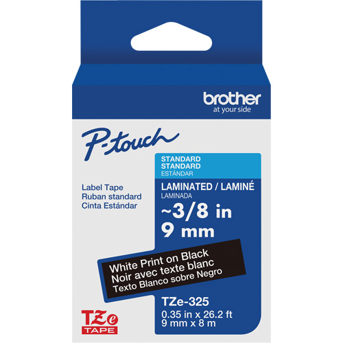 P-touch&reg; Labeling Systems, 9 mm x 314.96" or 8 m, White on Black M & M Nord Ouest Inc