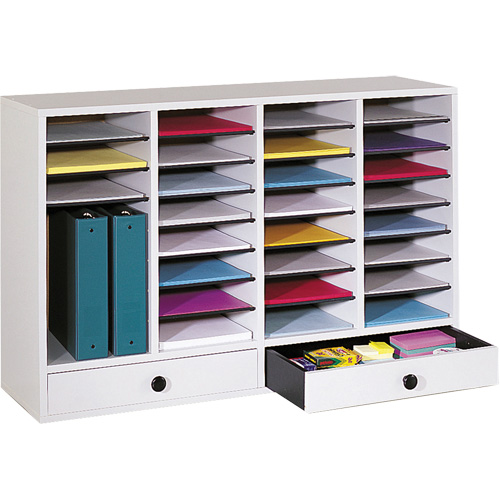 Adjustable Compartment Literature Organizer, Stationary, 34 Slots, Wood, 39-1/4" W x 11-3/4" D x 25-1/4" H M & M Nord Ouest Inc