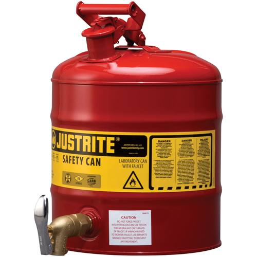 Bidon avec robinet s&eacute;curitaires pour laboratoires, Type I, Acier, 5 gal. US, Rouge, Homologu&eacute; FM M & M Nord Ouest Inc