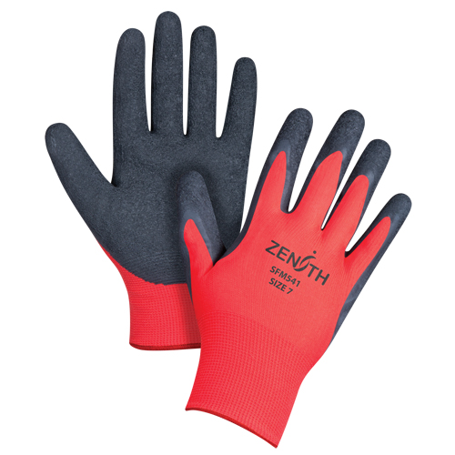 Gants enduits &agrave; prise cr&ecirc;p&eacute;e noir & rouge, 7/Petit, R&ecirc;vetement Latex de caoutchouc, Calibre 13, Enveloppe en Polyester M & M Nord Ouest Inc
