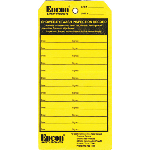 &eacute;tiquette de registre d'inspection pour douche oculaire & d'urgence, Papier cartonn&eacute;, 3-1/8" la x 6-1/4" h, Anglais M & M Nord Ouest Inc