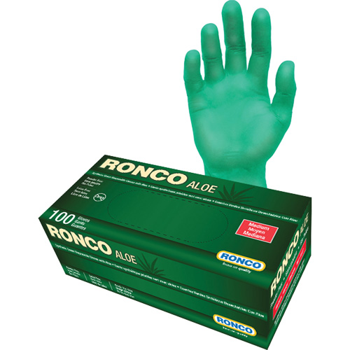 Gants jetables avec alo&egrave;s, Moyen, Vinyle, 5 mils, Sans poudre, Vert M & M Nord Ouest Inc