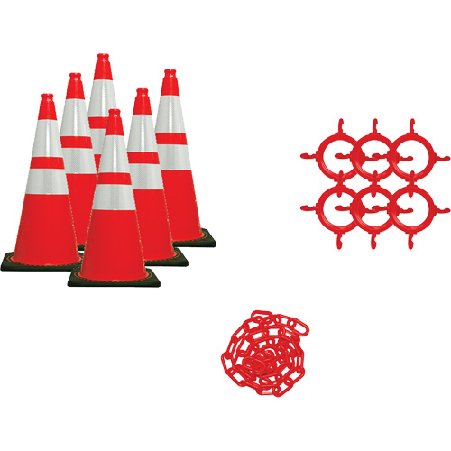 Ensemble de c&ocirc;nes de signalisation et chaînes, 28", Orange, Bande(s) r&eacute;fl&eacute;chissante(s) 4" & 6" M & M Nord Ouest Inc
