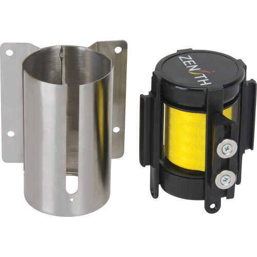 Barri&egrave;re &agrave; fixation murale avec ruban magn&eacute;tique, Acier, Fixation par vis, 7', Ruban Jaune M & M Nord Ouest Inc