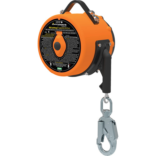 Latchways Sealed Self-Retracting Lanyard, 85', 1 Leg, Stainless Steel Cable, Snap Hook Harness Connector M & M Nord Ouest Inc