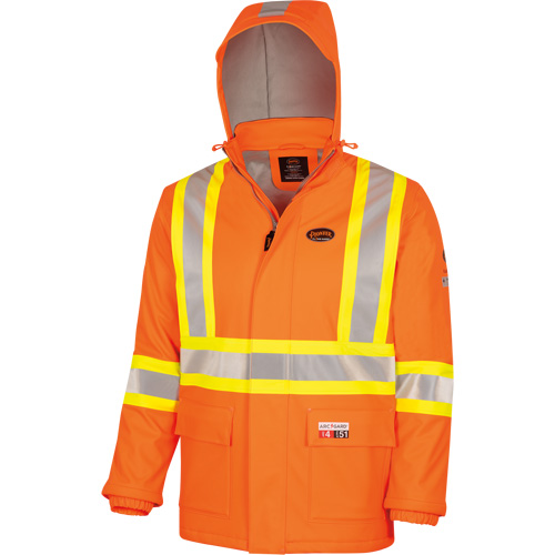 5884 Manteau imperm&eacute;able ignifuge et r&eacute;sistant aux arcs &eacute;lectriques avec capuchon Flash-Gard, Petit, Orange haute visibilit&eacute;, 51 cal/cm² M & M Nord Ouest Inc